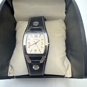 Fossil Watch Women JR-8129 25mm Silver Tone Date Leather Band New Battery